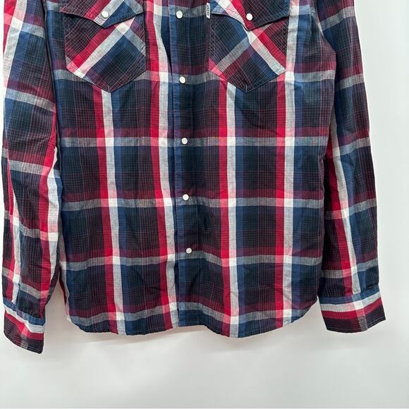 Levi Men's Black Blue Red White Plaid Long Sleeve Pear Snap Down‎ Shirt Size S - Picture 3 of 8